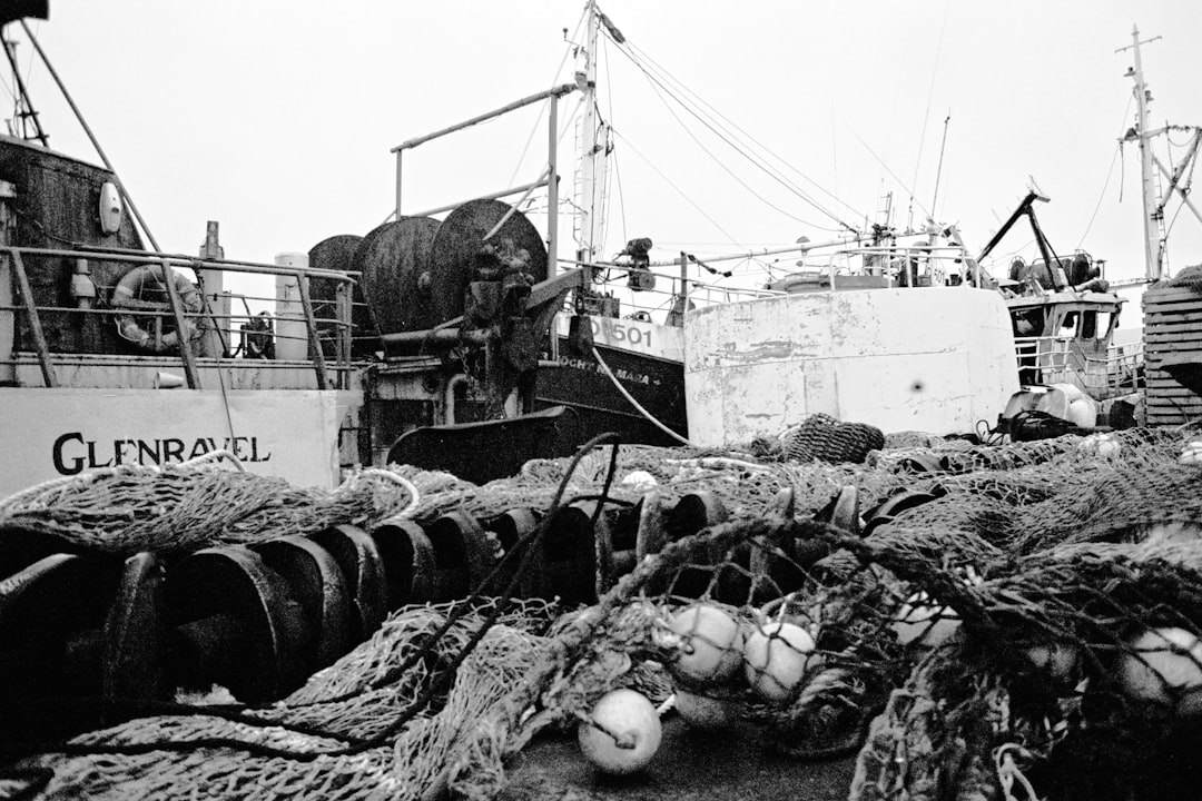 Danish fisherman mending nets at a harbour