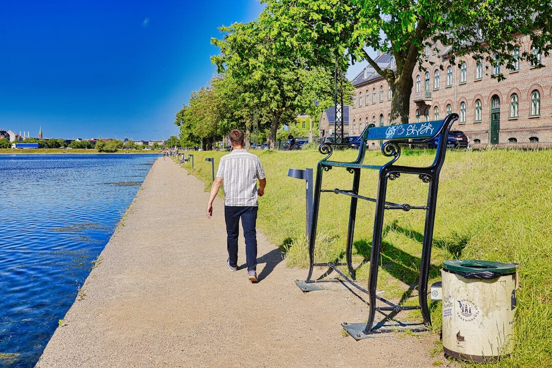 Elderly Danish man reading a newspaper on a park bench